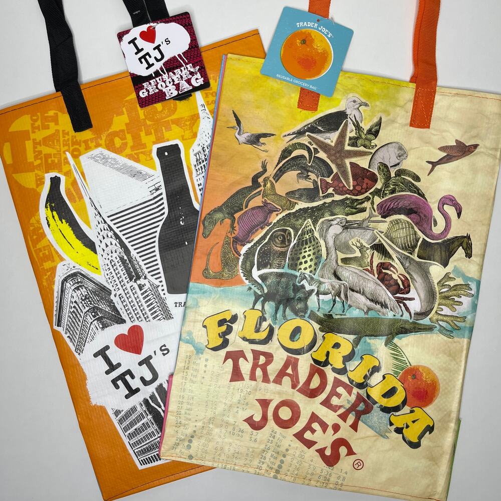 Set of 2 Trader Joe’s State Tote Bags NY NYC MANHATTAN BROOKLYN + FLORIDA FL NEW